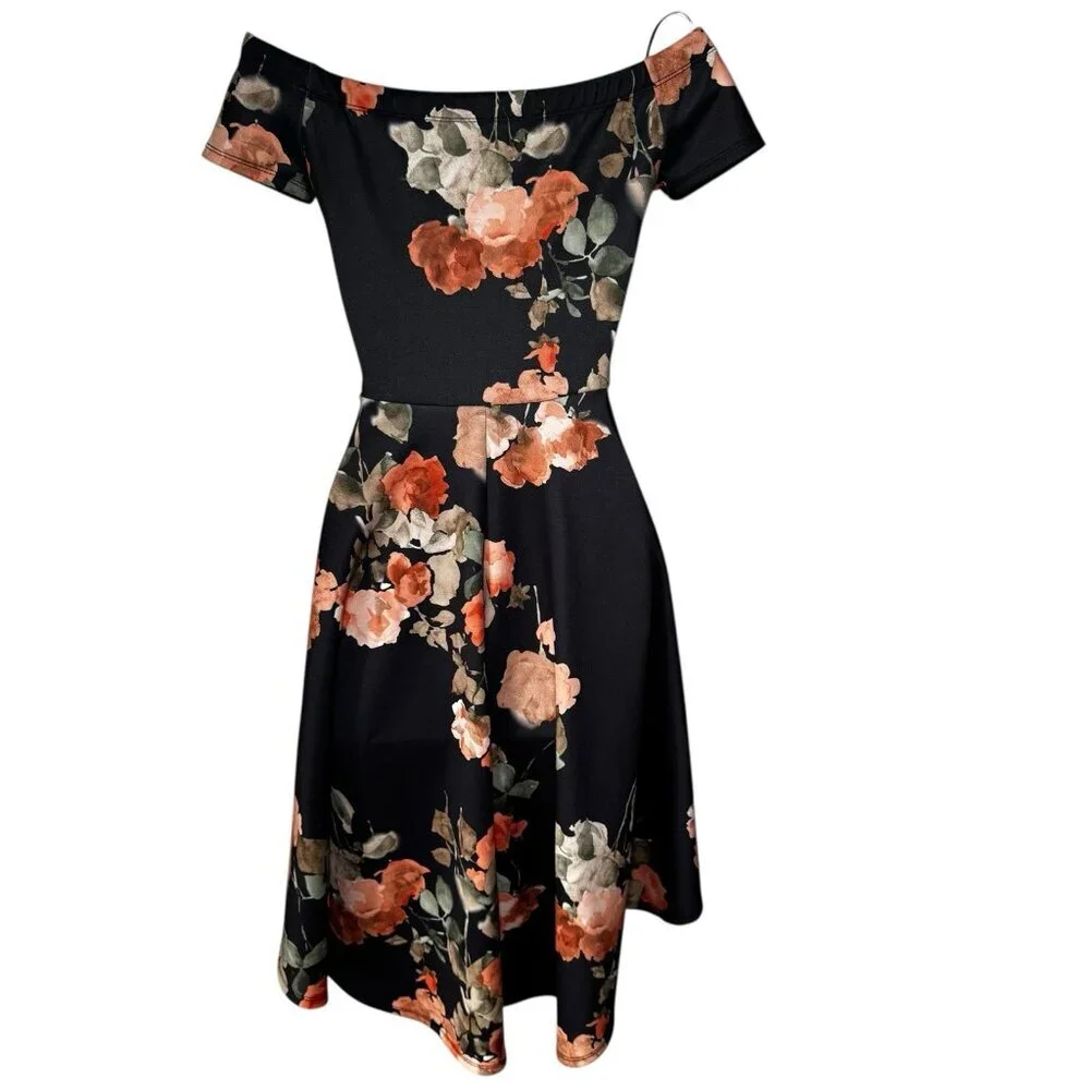 Lovely‎ Day Black Floral Dress Off The Shoulder High Low Flowy Women’s Size S